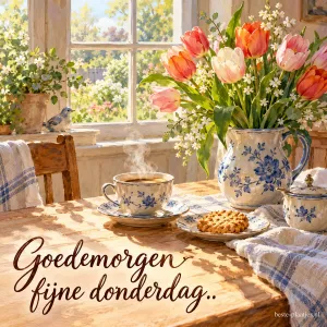 Een boeket met roze en oranje tulpen brengt de lente aan een zonnige ontbijttafel met een dampend kopje en de tekst Goedemorgen fijne donderdag..