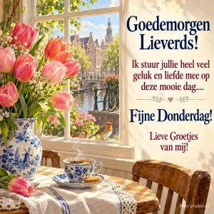 Een vaas tulpen en dampende koffie staan voor een raam met grachtzicht in de lente, naast de teksten Goedemorgen Lieverds! en Fijne Donderdag!