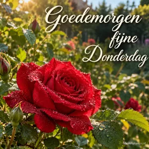 Een volle rode roos met dauwdruppels in een rozentuin in het ochtendlicht, met de tekst Goedemorgen en fijne Donderdag.