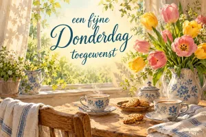 Een zonnige tafel met theekopjes, koekjes en roze en gele tulpen ademt lente, met de tekst een fijne Donderdag toegewenst.