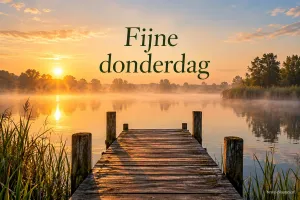 Een houten steiger loopt tussen het riet een mistig meer in bij een gouden zonsopkomst, met de tekst Fijne donderdag.