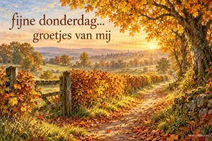 Een pad slingert in de herfst langs een houten hek onder goudgele bomen, met de tekst fijne donderdag... groetjes van mij.