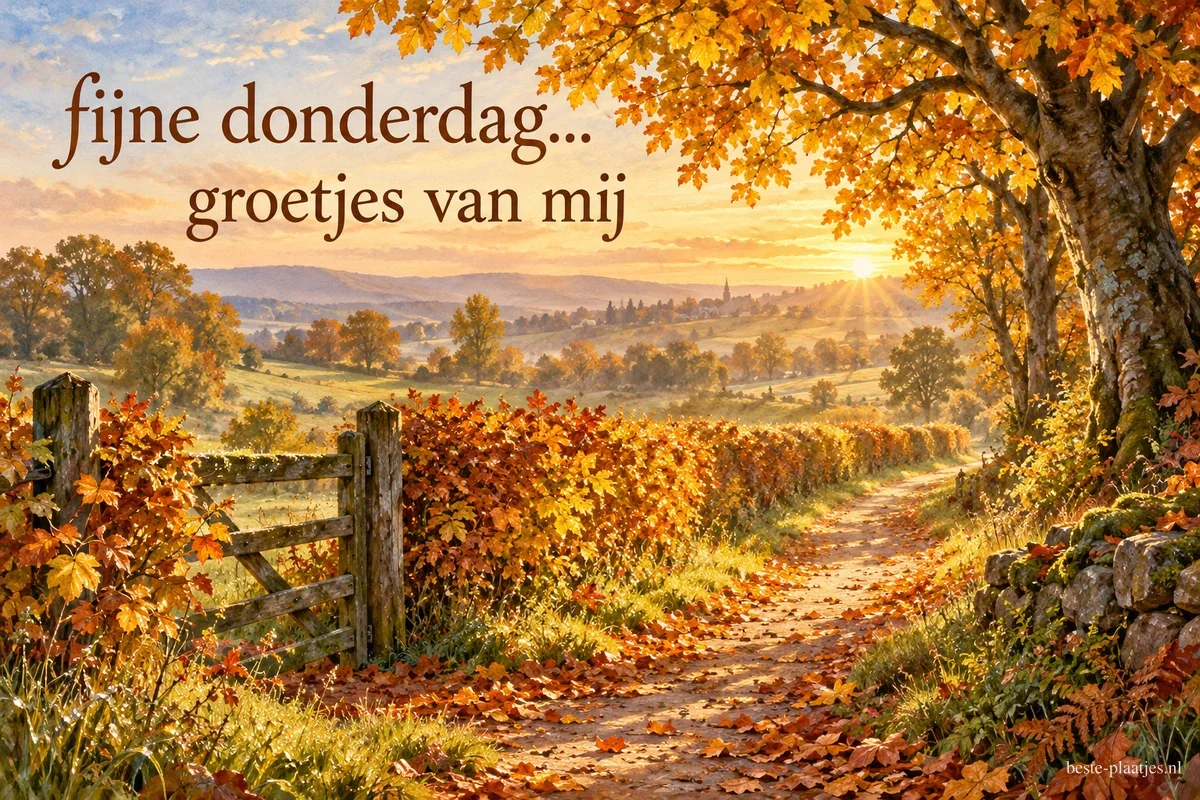 Een pad slingert in de herfst langs een houten hek onder goudgele bomen, met de tekst fijne donderdag... groetjes van mij.