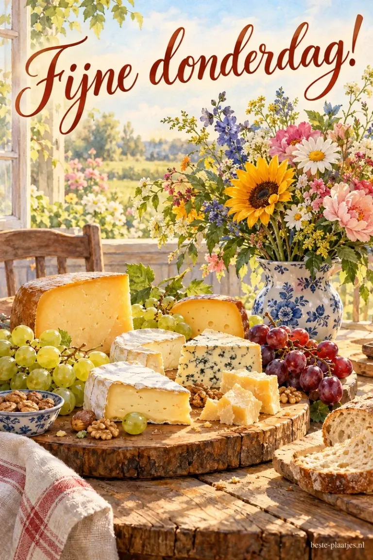 Een houten tafel draagt kaas, druiven, brood en een bloemenkan met een zonnebloem bij een open raam, met bovenaan de tekst Fijne donderdag!