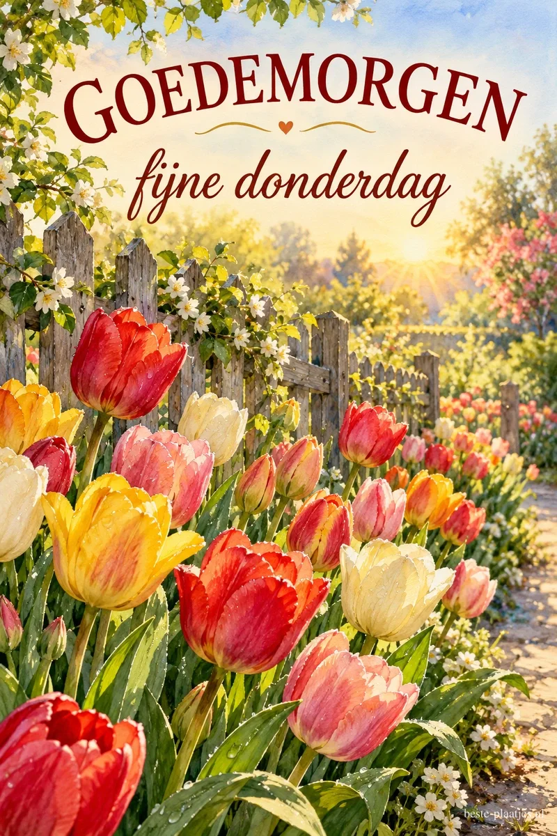 Een rij kleurige tulpen in de lente langs een oud houten tuinhek in de ochtendzon, met de tekst GOEDEMORGEN en fijne donderdag.
