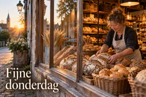 Een bakker legt verse broden bij het winkelraam terwijl de zon boven de dorpsstraat opkomt, met de tekst Fijne donderdag.