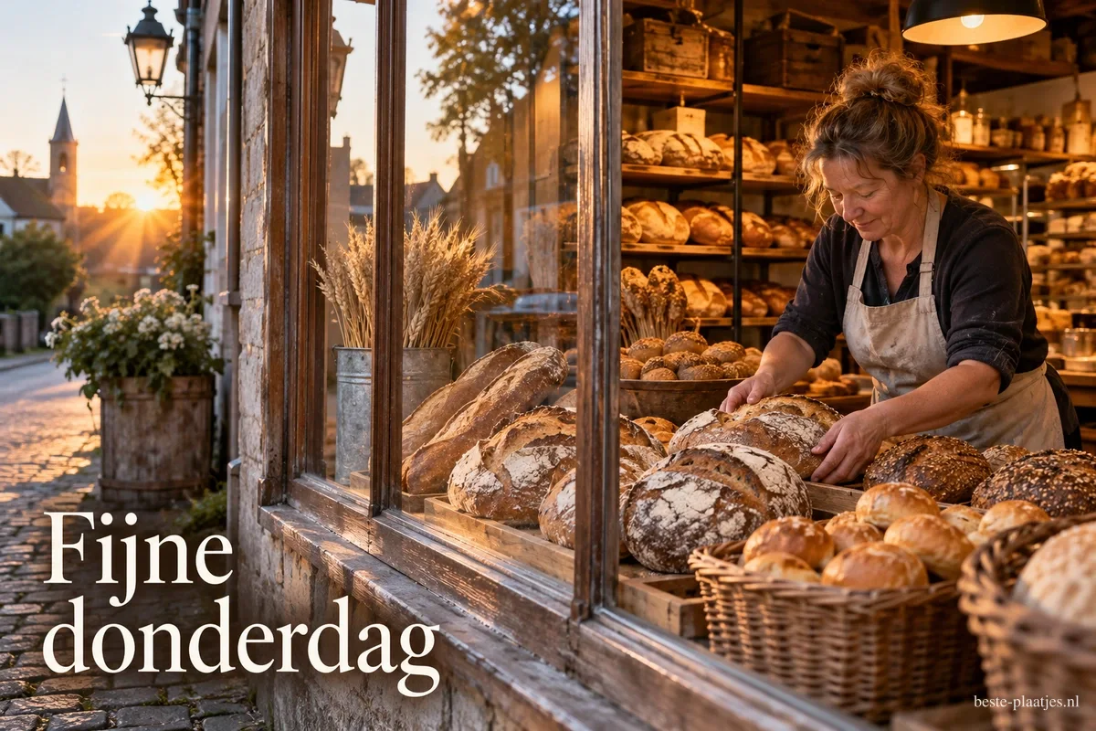 Een bakker legt verse broden bij het winkelraam terwijl de zon boven de dorpsstraat opkomt, met de tekst Fijne donderdag.