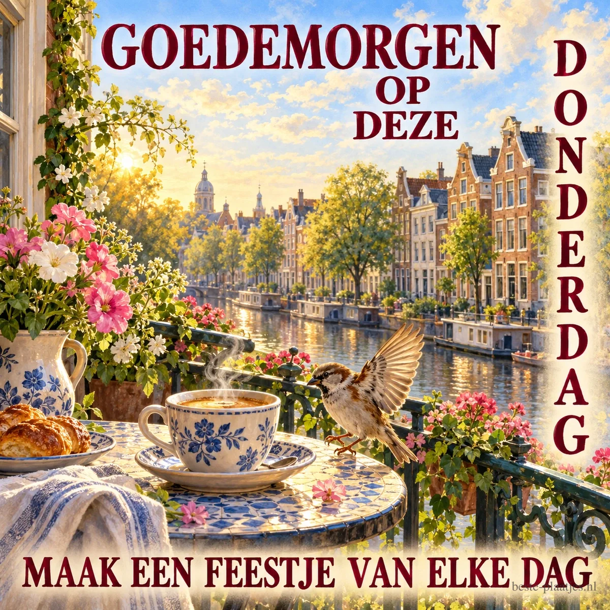 Een mus landt tussen bloemen bij een koffiekop aan de gracht in de lente, met de tekst GOEDEMORGEN OP DEZE DONDERDAG MAAK EEN FEESTJE VAN ELKE DAG.