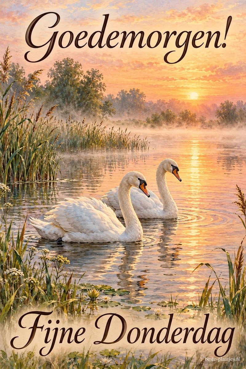 Twee witte zwanen drijven bij zonsopkomst over een mistig meer tussen riet en bloemen, met de teksten Goedemorgen! en Fijne Donderdag.