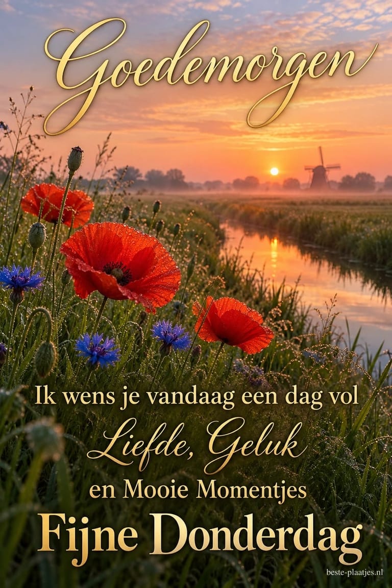 Klaprozen bloeien in de zomer, met de tekst Goedemorgen, Ik wens je vandaag een dag vol Liefde, Geluk en Mooie Momentjes en Fijne Donderdag.