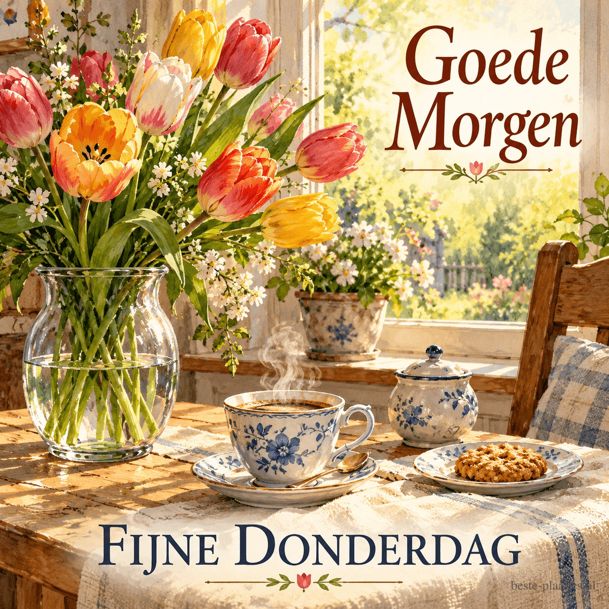 Een vaas tulpen en een kop koffie staan bij het raam in de lente, met de tekst Goede Morgen en FIJNE DONDERDAG.
