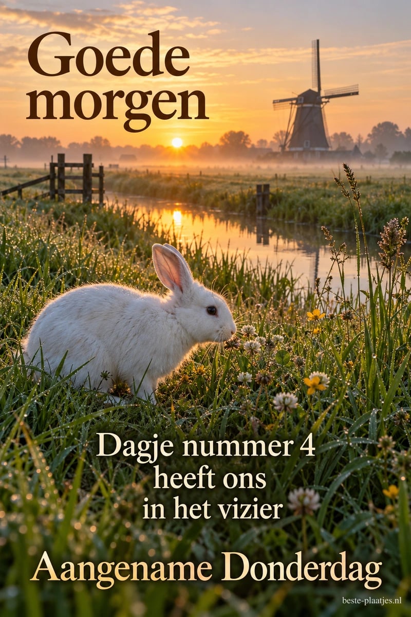 Een wit konijn zit tussen gras en madeliefjes bij een sloot, terwijl de zon naast een molen opkomt, met de tekst Goede morgen en Aangename Donderdag.