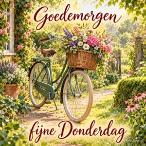 Een groene fiets met een mand vol kleurrijke bloemen staat in een weelderige tuin in de zomer, met de tekst Goedemorgen fijne Donderdag.