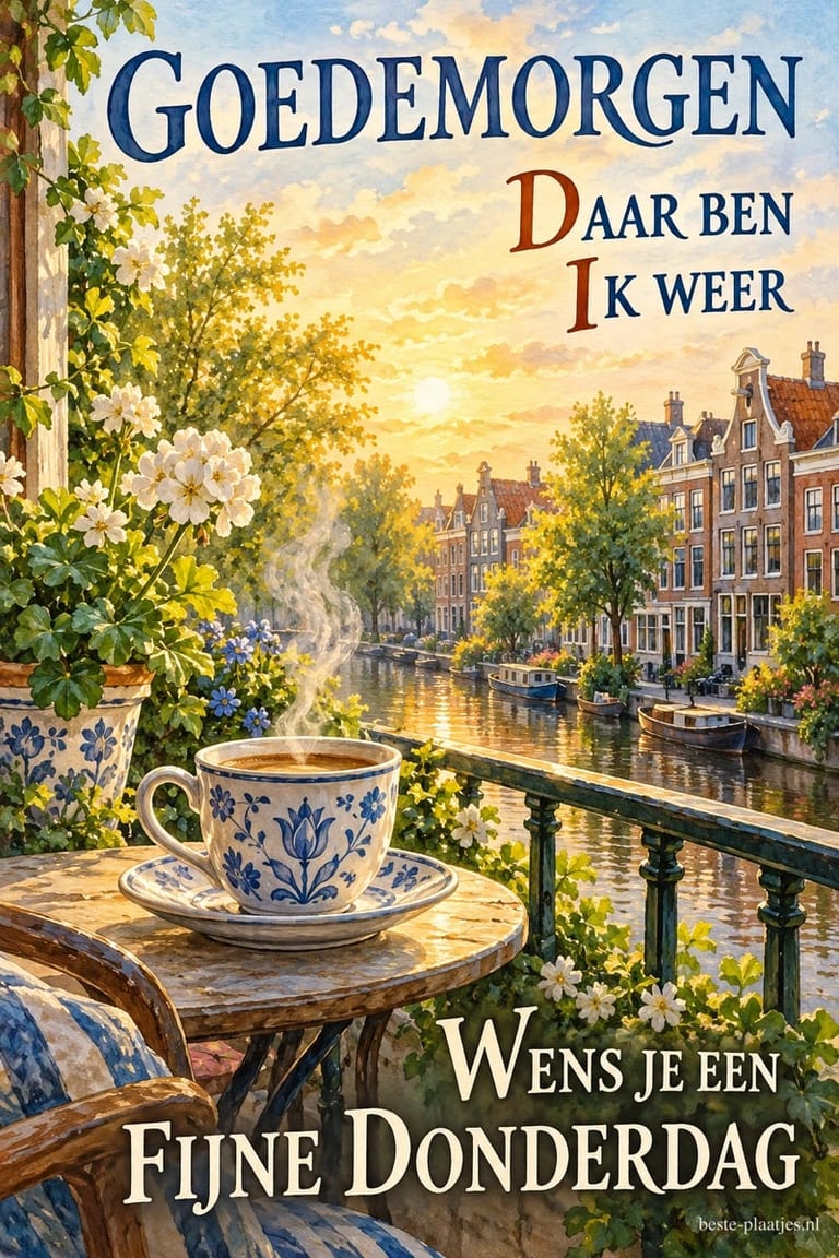 Een blauw versierd koffiekopje dampt op een balkontafel tussen witte bloesem, met uitzicht op grachtenpanden en de teksten GOEDEMORGEN en FIJNE DONDERDAG.