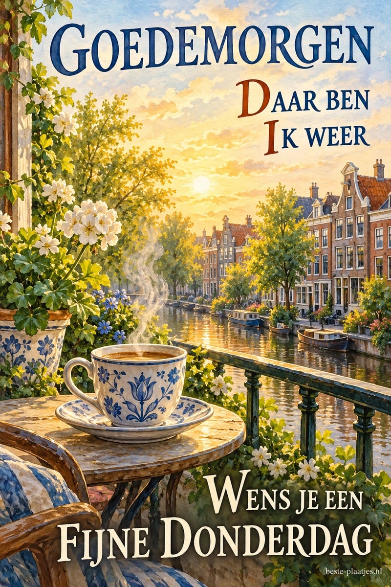 Een blauw versierd koffiekopje dampt op een balkontafel tussen witte bloesem, met uitzicht op grachtenpanden en de teksten GOEDEMORGEN en FIJNE DONDERDAG.