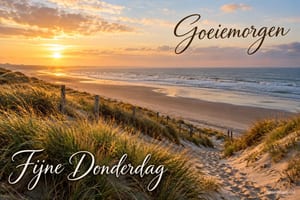 Een duinpad leidt naar een leeg strand bij zonsopkomst in de zomer, met de tekst Goeiemorgen rechtsboven en Fijne Donderdag linksonder.