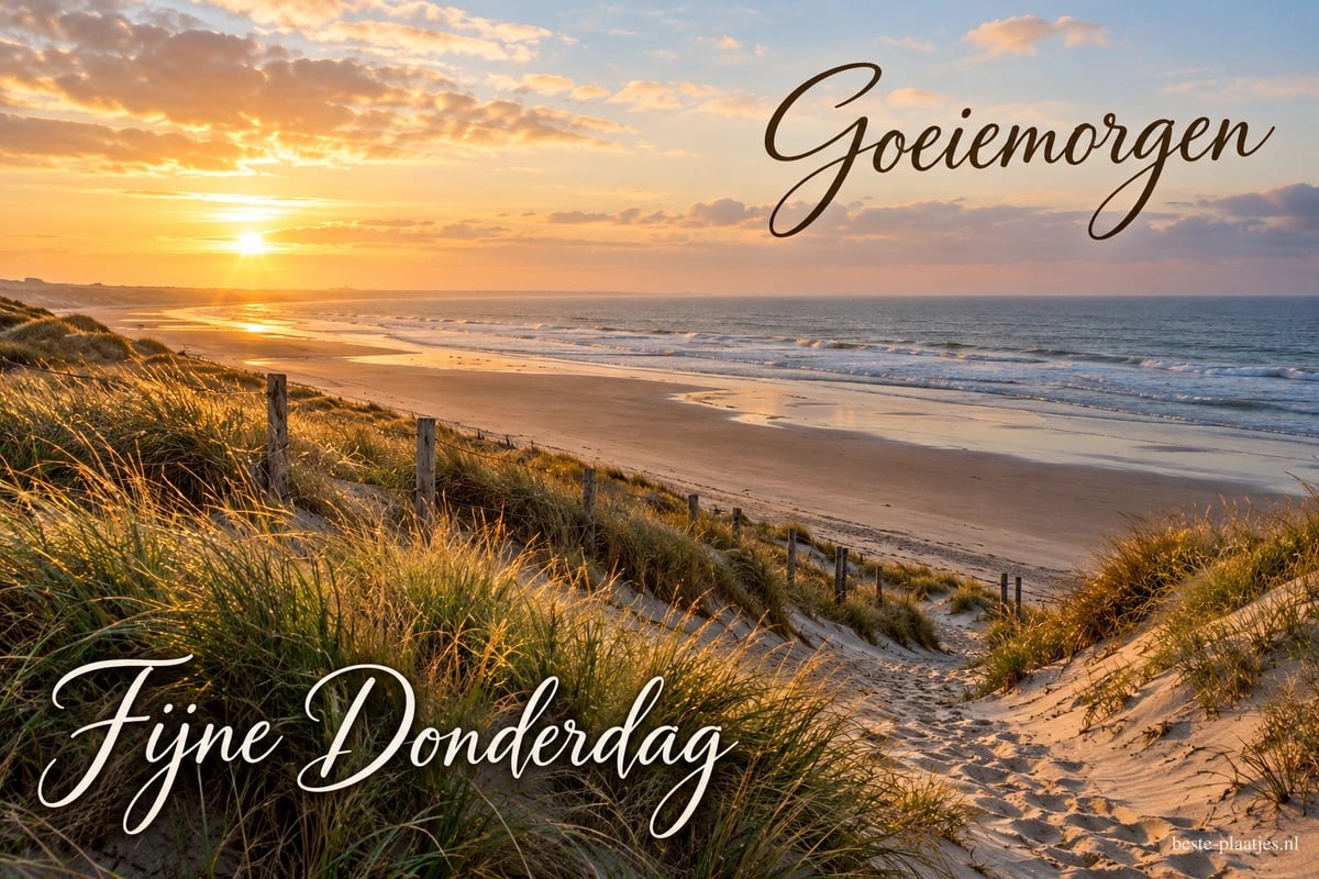 Een duinpad leidt naar een leeg strand bij zonsopkomst in de zomer, met de tekst Goeiemorgen rechtsboven en Fijne Donderdag linksonder.