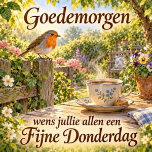Een roodborstje zit op een verweerd tuinhek bij bloemen en een dampende kop koffie, met de tekst Goedemorgen wens jullie allen een Fijne Donderdag.
