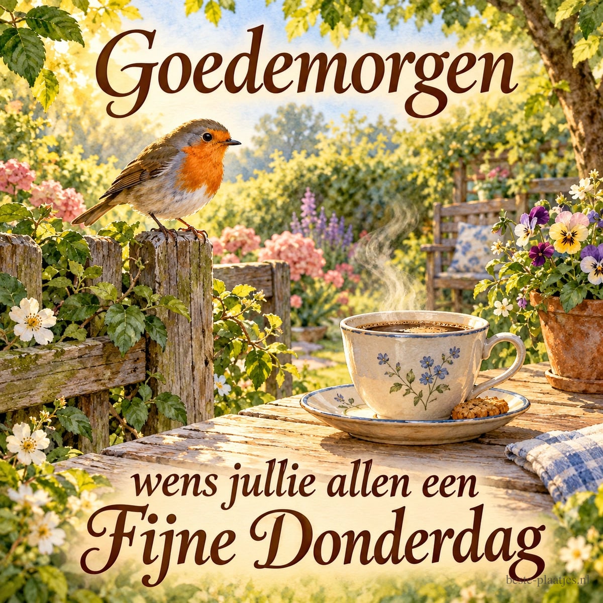 Een roodborstje zit op een verweerd tuinhek bij bloemen en een dampende kop koffie, met de tekst Goedemorgen wens jullie allen een Fijne Donderdag.