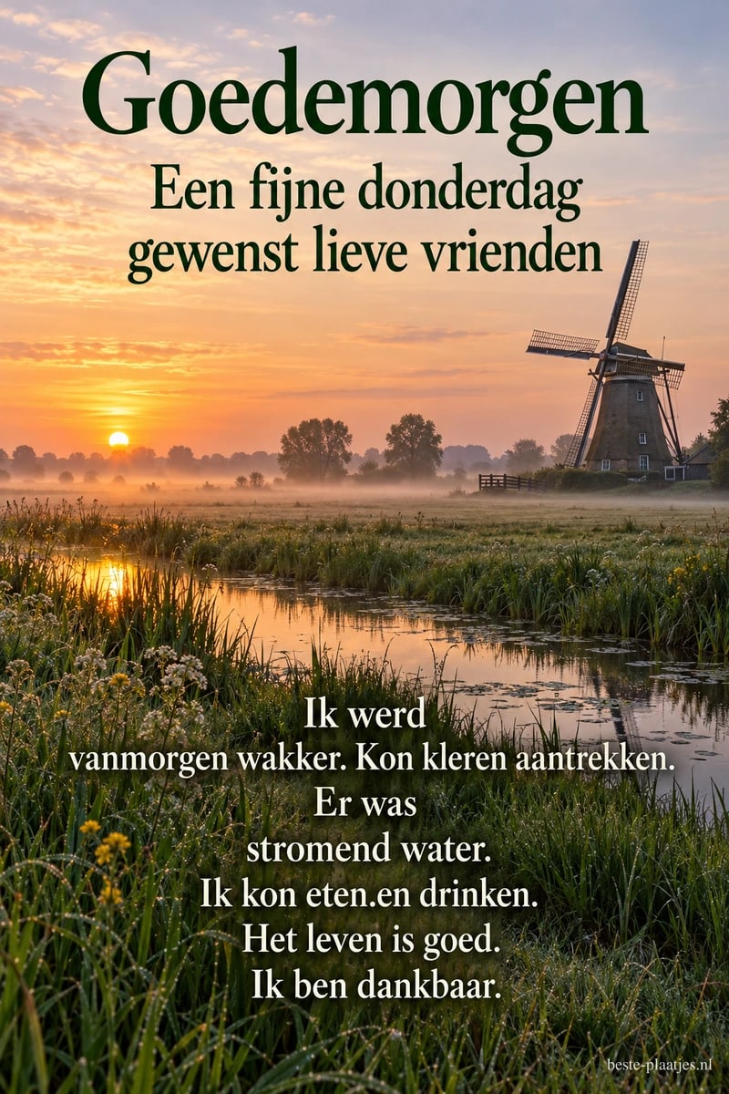 Een molen staat bij een sloot in het ochtendlicht, met de tekst Goedemorgen, Een fijne donderdag gewenst lieve vrienden en Ik ben dankbaar.