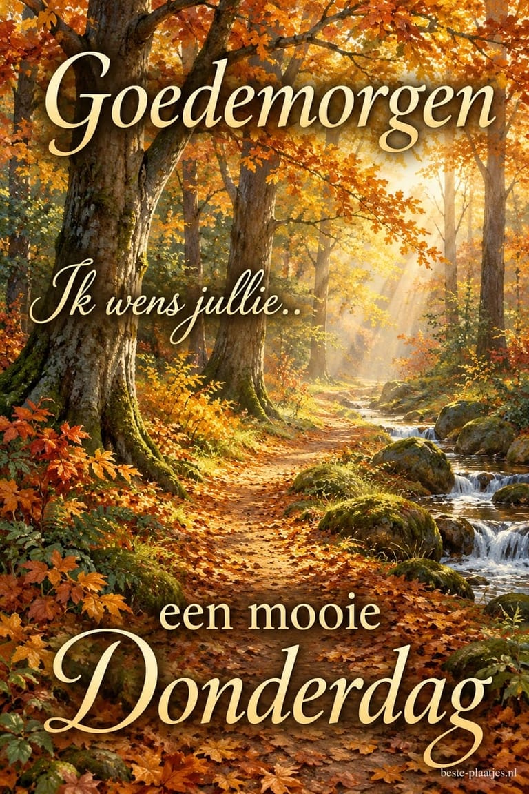 Zonnestralen verlichten een bospad langs een kabbelende beek in de herfst, met de tekst Goedemorgen Ik wens jullie.. een mooie Donderdag.