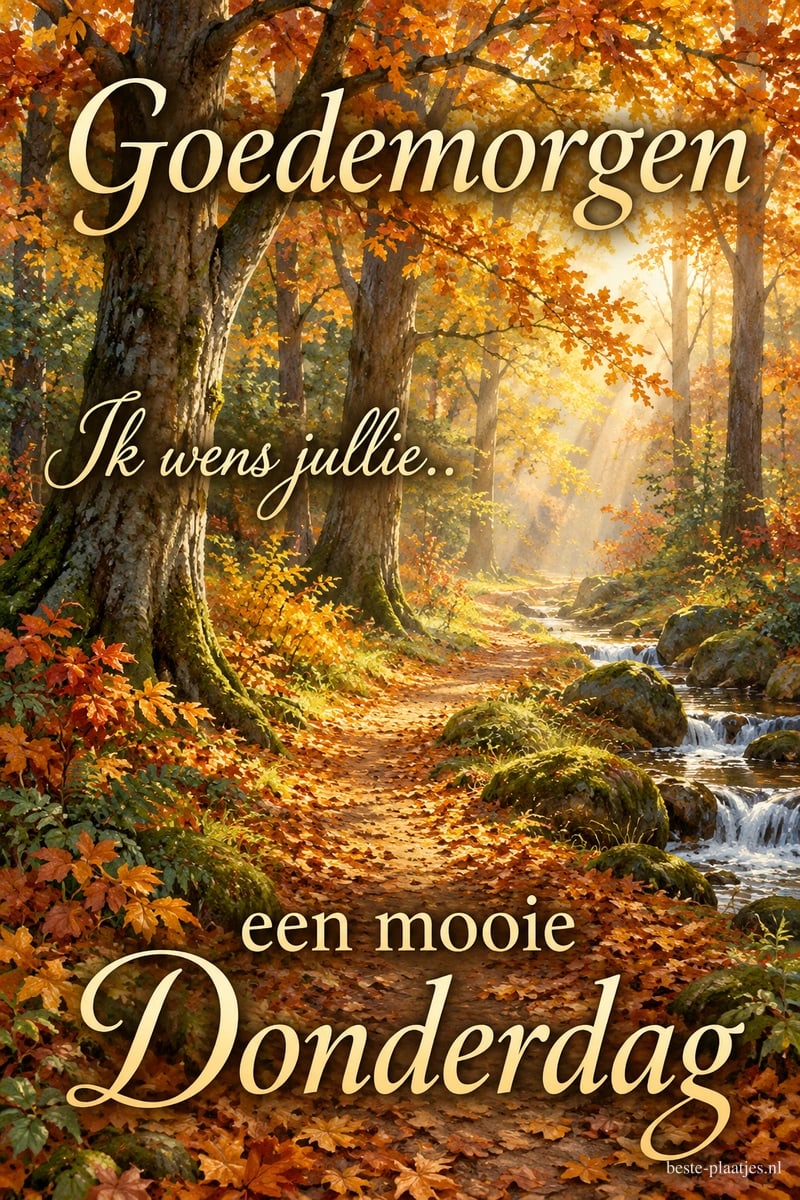 Zonnestralen verlichten een bospad langs een kabbelende beek in de herfst, met de tekst Goedemorgen Ik wens jullie.. een mooie Donderdag.