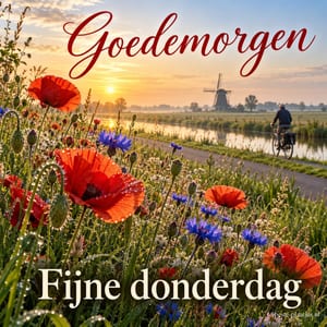 Rode klaprozen en blauwe korenbloemen staan in de zomer langs een fietspad bij het water, met een molen en de tekst Goedemorgen Fijne donderdag.