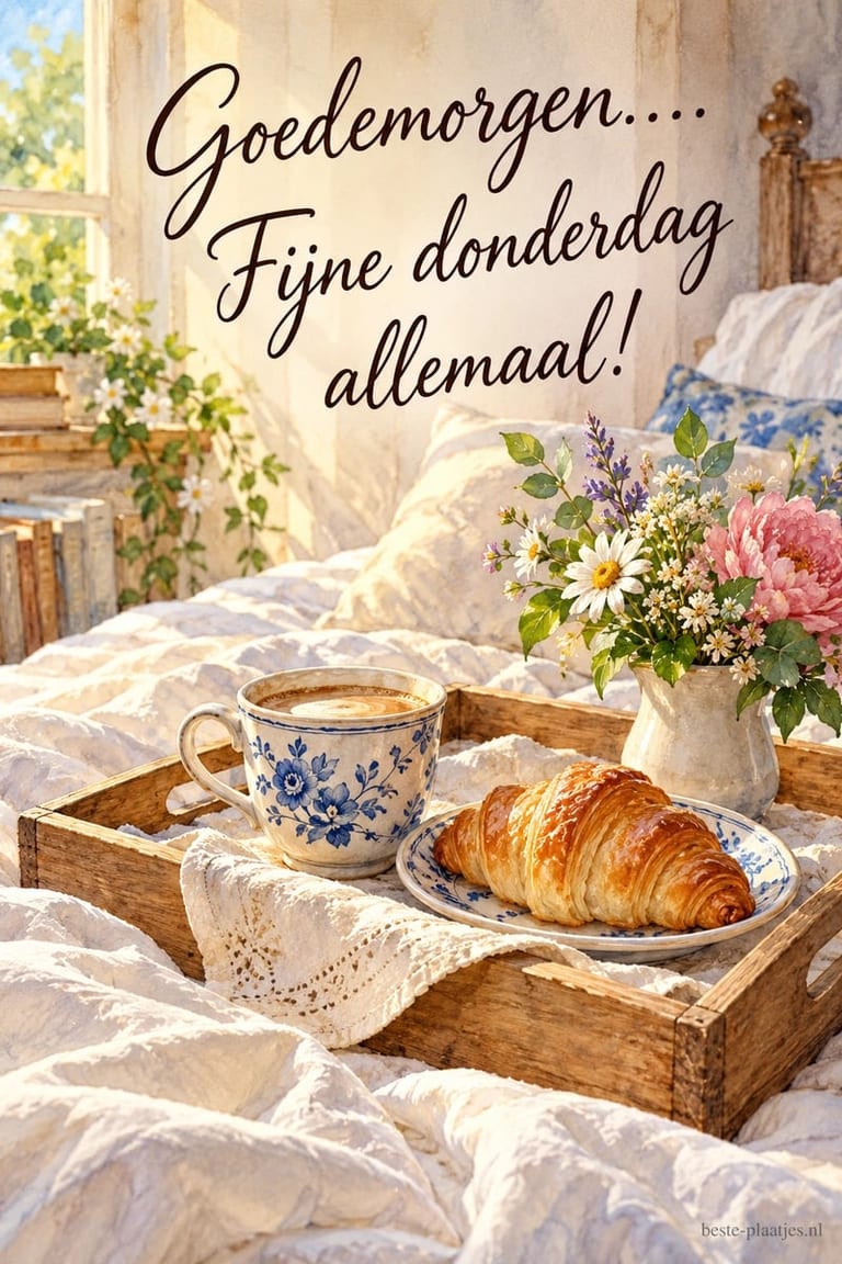Op een bed staat een houten dienblad met koffie, een croissant en bloemen, onder de tekst Goedemorgen.... Fijne donderdag allemaal!
