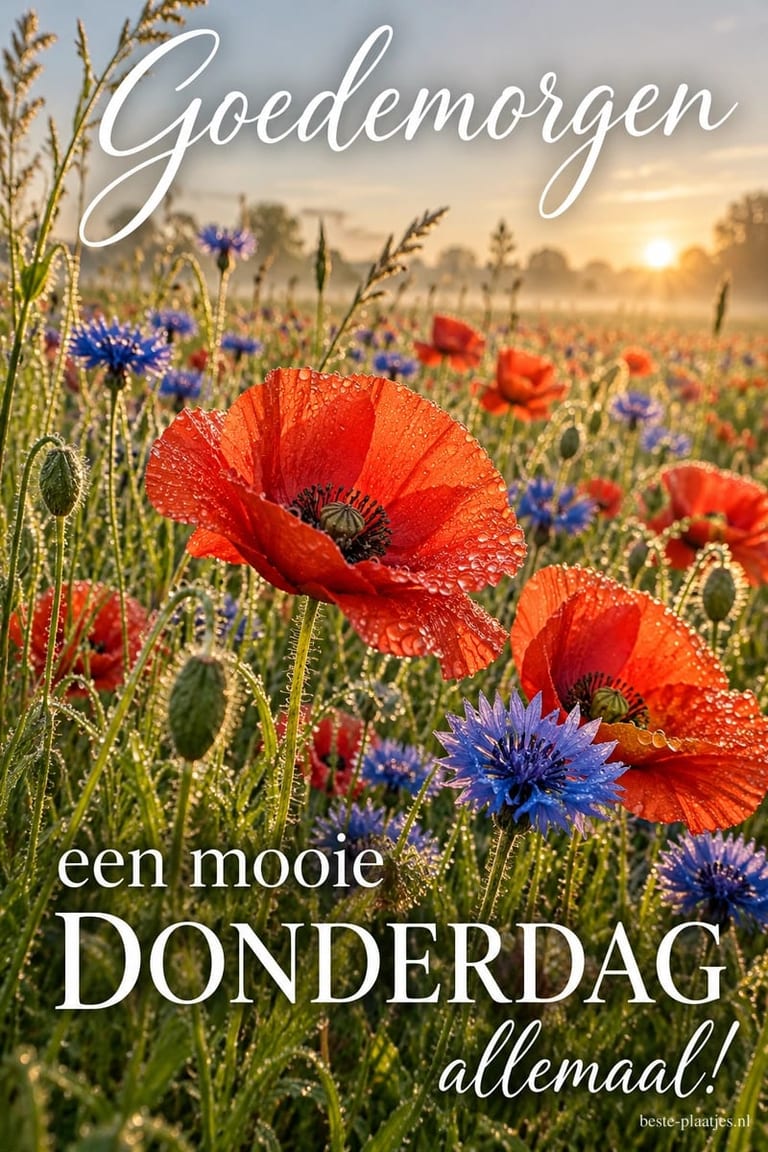 Rode klaprozen en blauwe korenbloemen staan in de zomer bij zonsopkomst, met de tekst Goedemorgen een mooie DONDERDAG allemaal!