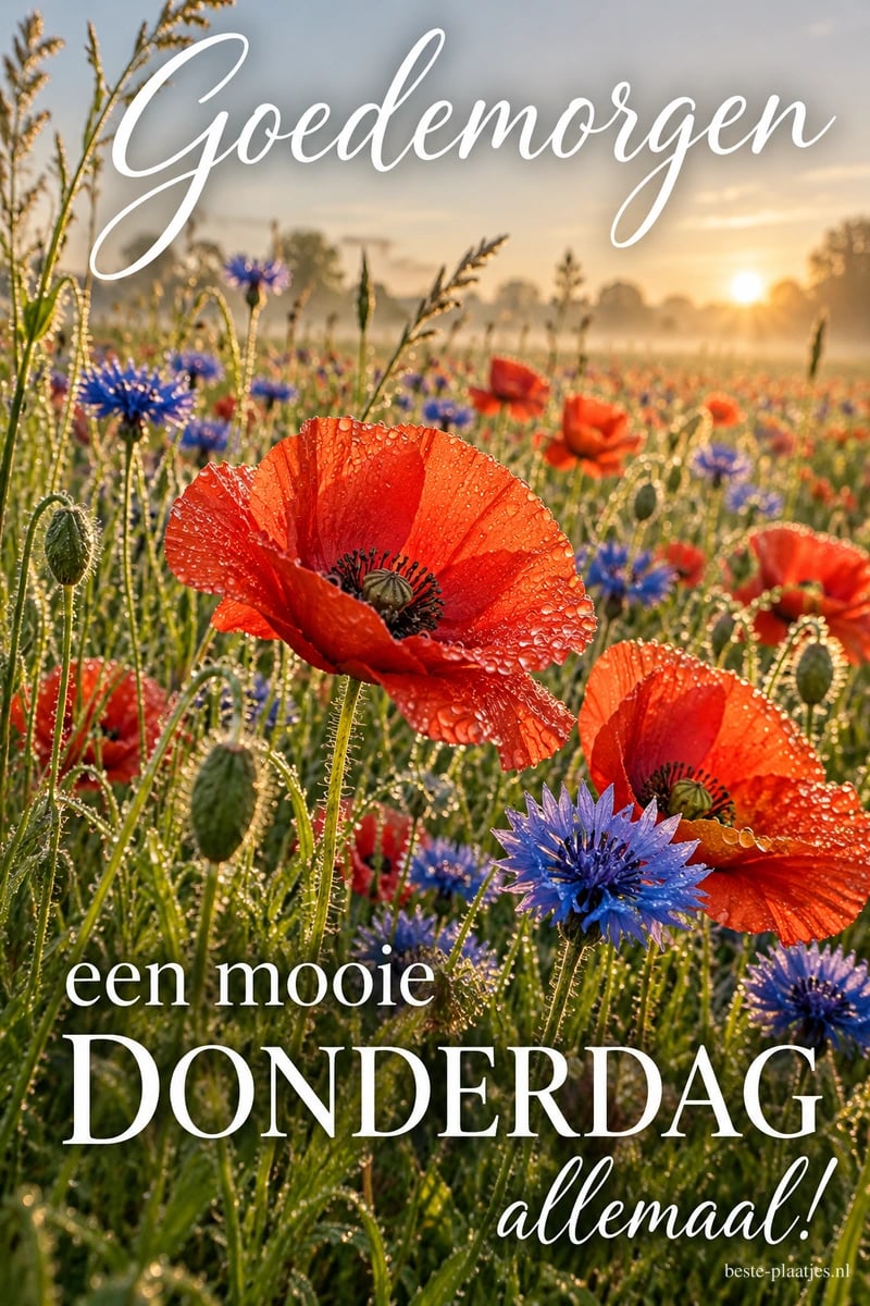Rode klaprozen en blauwe korenbloemen staan in de zomer bij zonsopkomst, met de tekst Goedemorgen een mooie DONDERDAG allemaal!