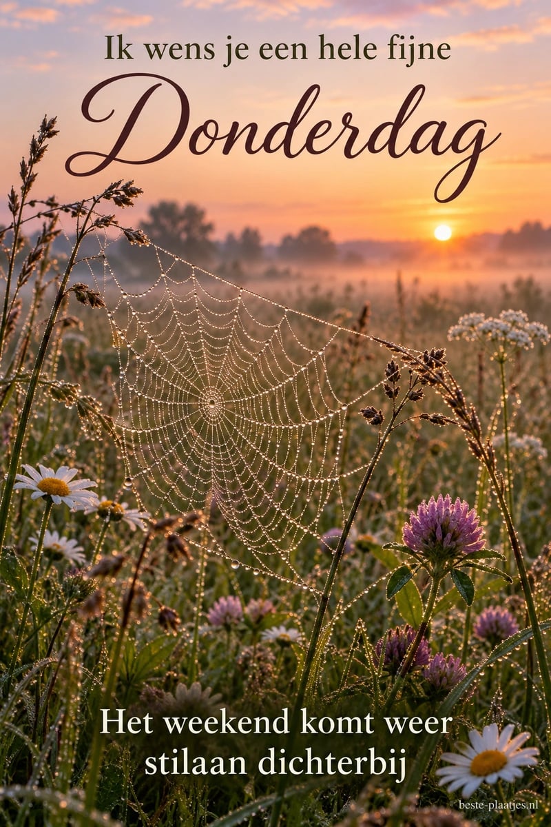 Een spinnenweb glinstert tussen veldbloemen bij zonsopkomst, met de tekst Ik wens je een hele fijne Donderdag en Het weekend komt weer stilaan dichterbij.