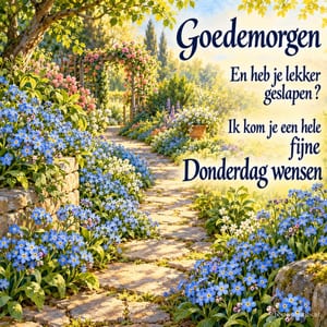 Blauwe bloemen omzomen in de lente een stenen tuinpad naar een rozenboog, met de tekst Goedemorgen en Ik kom je een hele fijne Donderdag wensen.