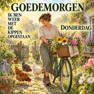Een vrouw duwt een fiets met bloemen, waaronder een zonnebloem, langs kippen in een tuin, met de tekst GOEDEMORGEN en DONDERDAG.