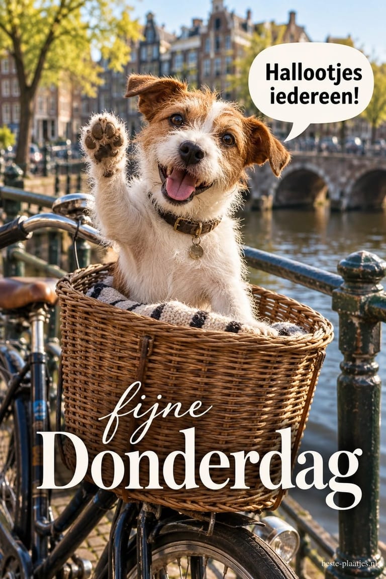 Een vrolijke Jack Russell steekt zijn poot op vanuit een rieten fietsmand bij een gracht, met de tekst Hallootjes iedereen! fijne Donderdag.