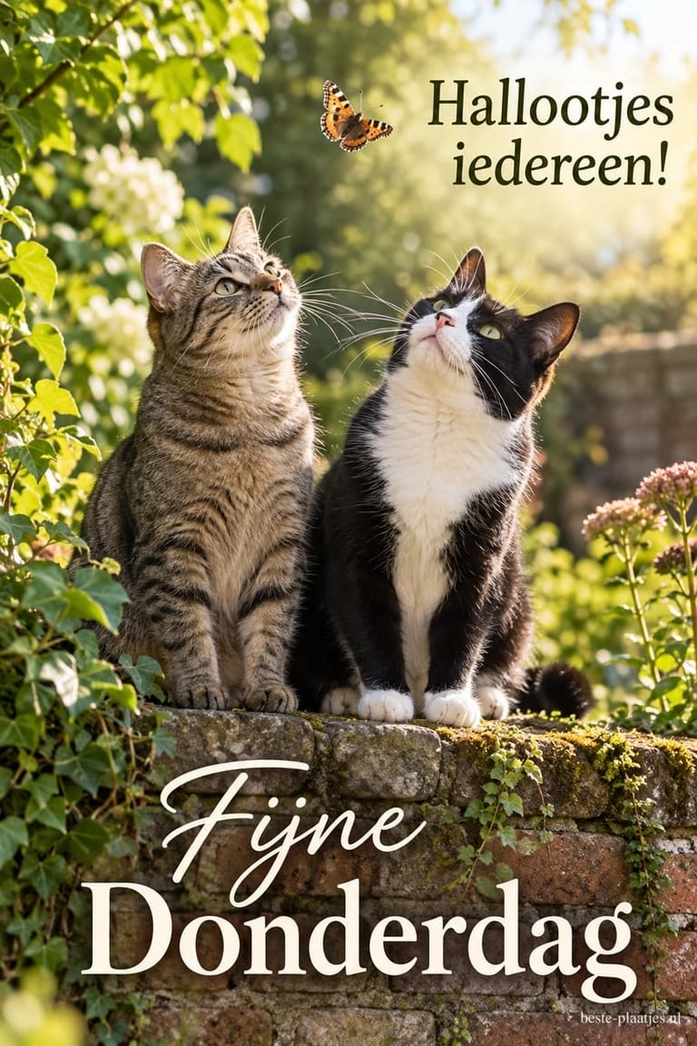 Een gestreepte kat en een zwart-witte kat kijken vanaf een bemost tuinmuurtje naar een vlinder, met de tekst Hallootjes iedereen! en Fijne Donderdag.