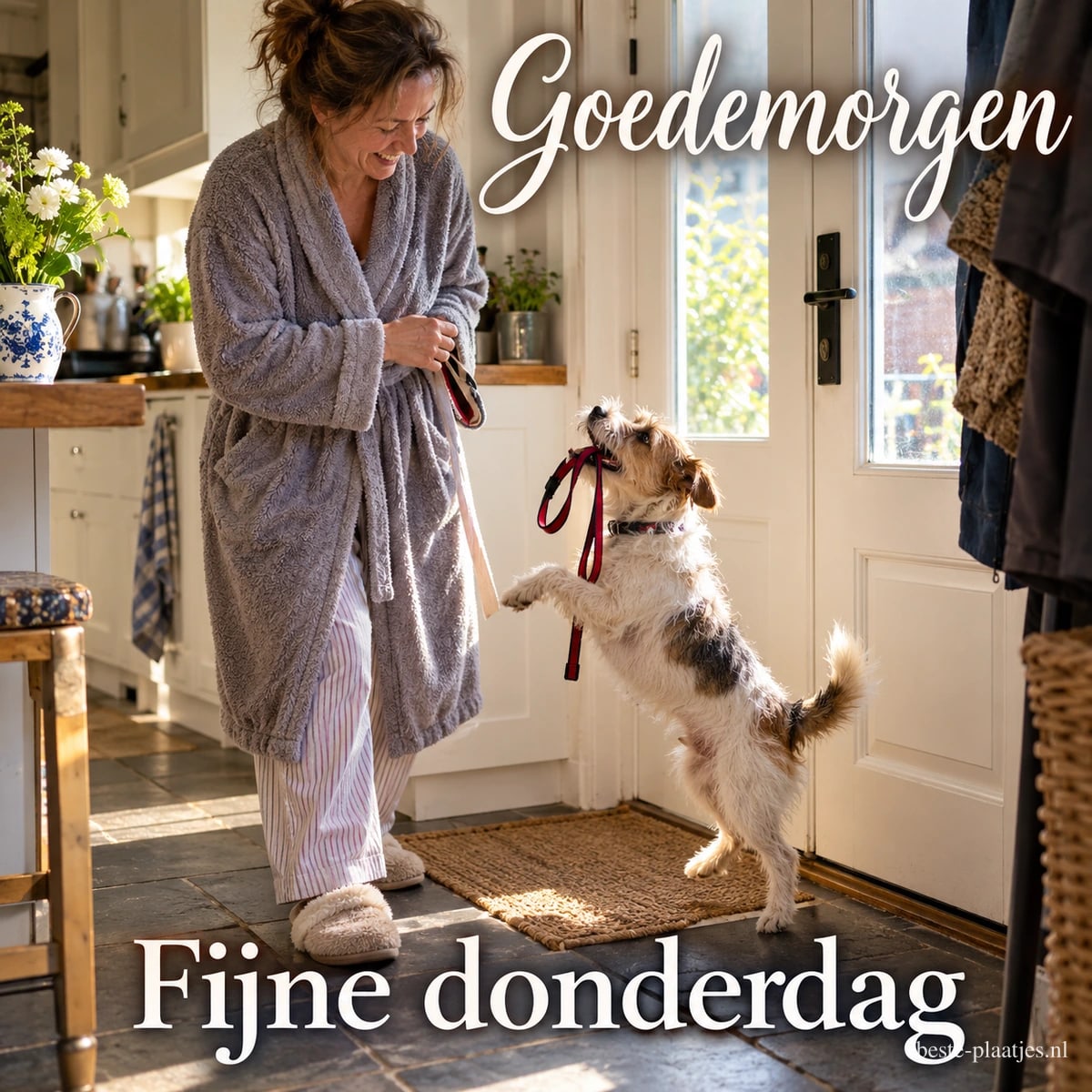 Een vrouw houdt haar fiets vast terwijl een hondje vanuit de mand zijn poot opsteekt bij een gracht, onder de teksten Goedemorgen en Fijne donderdag.