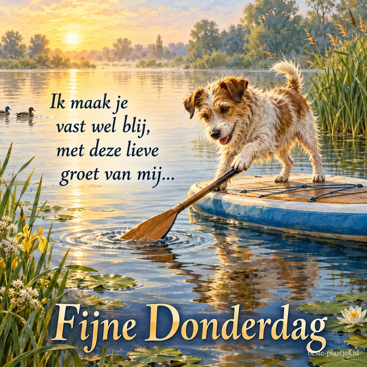 Een hondje staat in de zomer met een poot op een peddel op een supboard tussen waterlelies, met de tekst Fijne Donderdag.