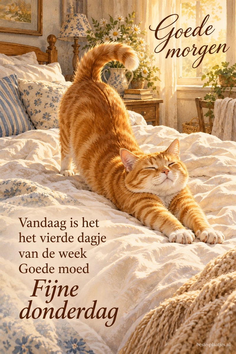 Een rode kat strekt zijn voorpoten op een bed in het ochtendlicht, met de teksten Goede morgen, Goede moed en Fijne donderdag.