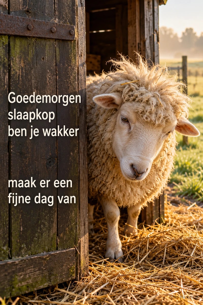 Een slaperig schaap staat in de opening van een houten stal, naast de tekst Goedemorgen slaapkop ben je wakker maak er een fijne dag van.