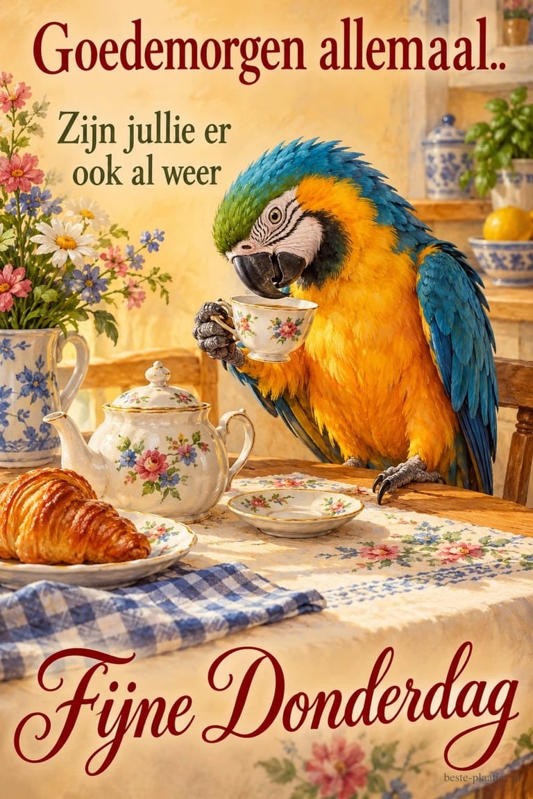 Een blauwgele papegaai drinkt thee aan een tafel met een croissant en bloemenservies, met de tekst Goedemorgen allemaal.. Zijn jullie er ook al weer Fijne Donderdag.