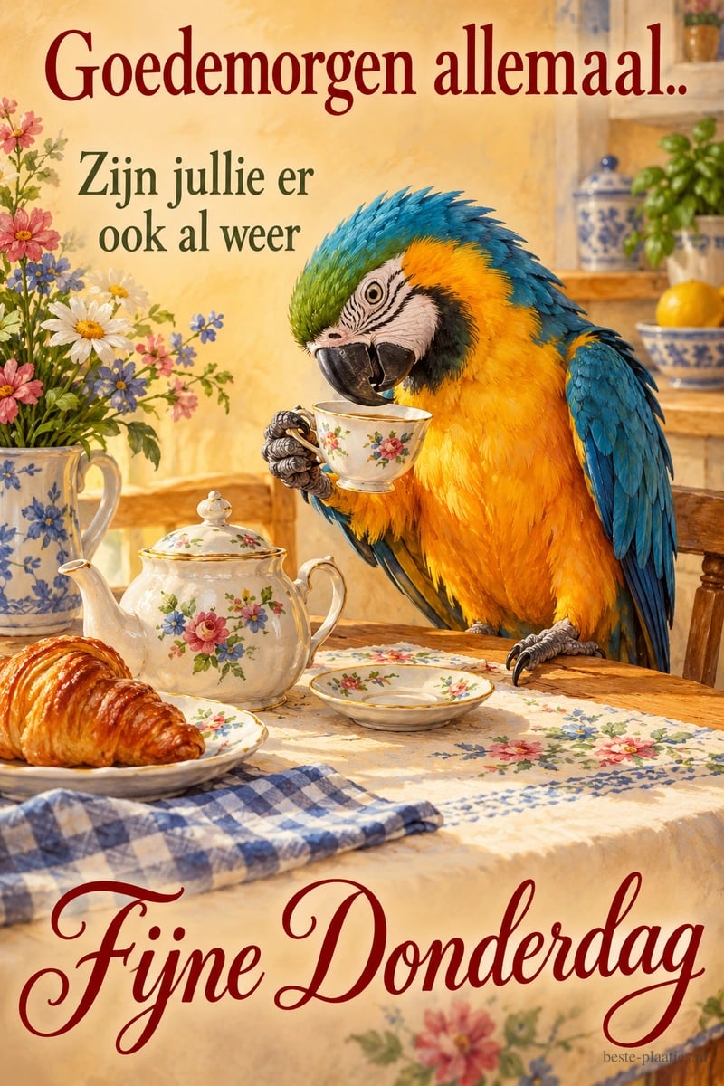 Een blauwgele papegaai drinkt thee aan een tafel met een croissant en bloemenservies, met de tekst Goedemorgen allemaal.. Zijn jullie er ook al weer Fijne Donderdag.