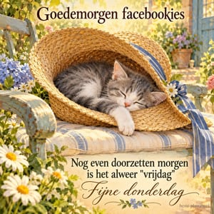 Een grijs-wit katje slaapt in een strohoed met een blauw lint op een tuinstoel tussen bloemen, met de tekst Goedemorgen facebookjes en Fijne donderdag.