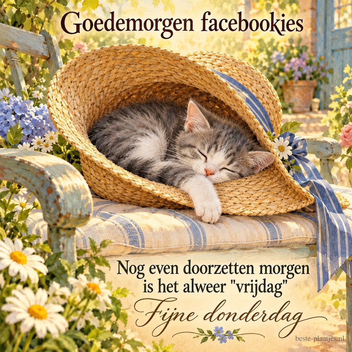 Een grijs-wit katje slaapt in een strohoed met een blauw lint op een tuinstoel tussen bloemen, met de tekst Goedemorgen facebookjes en Fijne donderdag.