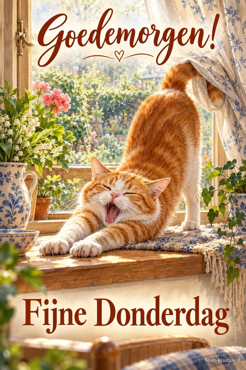 Een rode kat rekt zich in de lente uit op een zonnige vensterbank tussen bloemen, met de tekst 'Goedemorgen! Fijne Donderdag'.