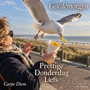 Een meeuw pakt in de zomer een frietje uit het zakje van een vrouw aan zee, met de tekst Goedemorgen Prettige Donderdag Liefs Carpe Diem.
