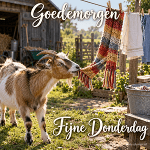 Een geit trekt met zijn bek aan een gestreepte sjaal aan de waslijn bij een schuur, met de tekst Goedemorgen Fijne Donderdag.