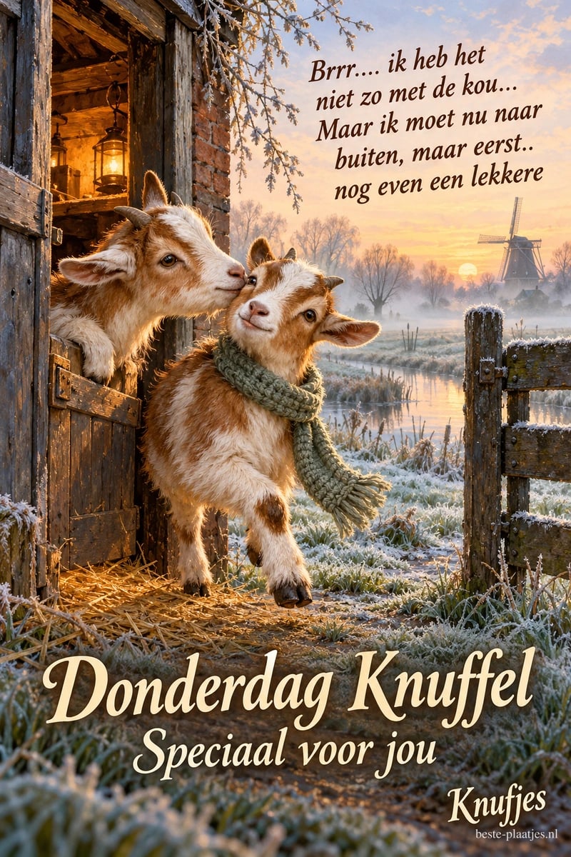 Twee geitjes staan in de winter knus bij een staldeur, waarvan eentje een sjaal draagt, met de tekst Donderdag Knuffel Speciaal voor jou en Knufjes.