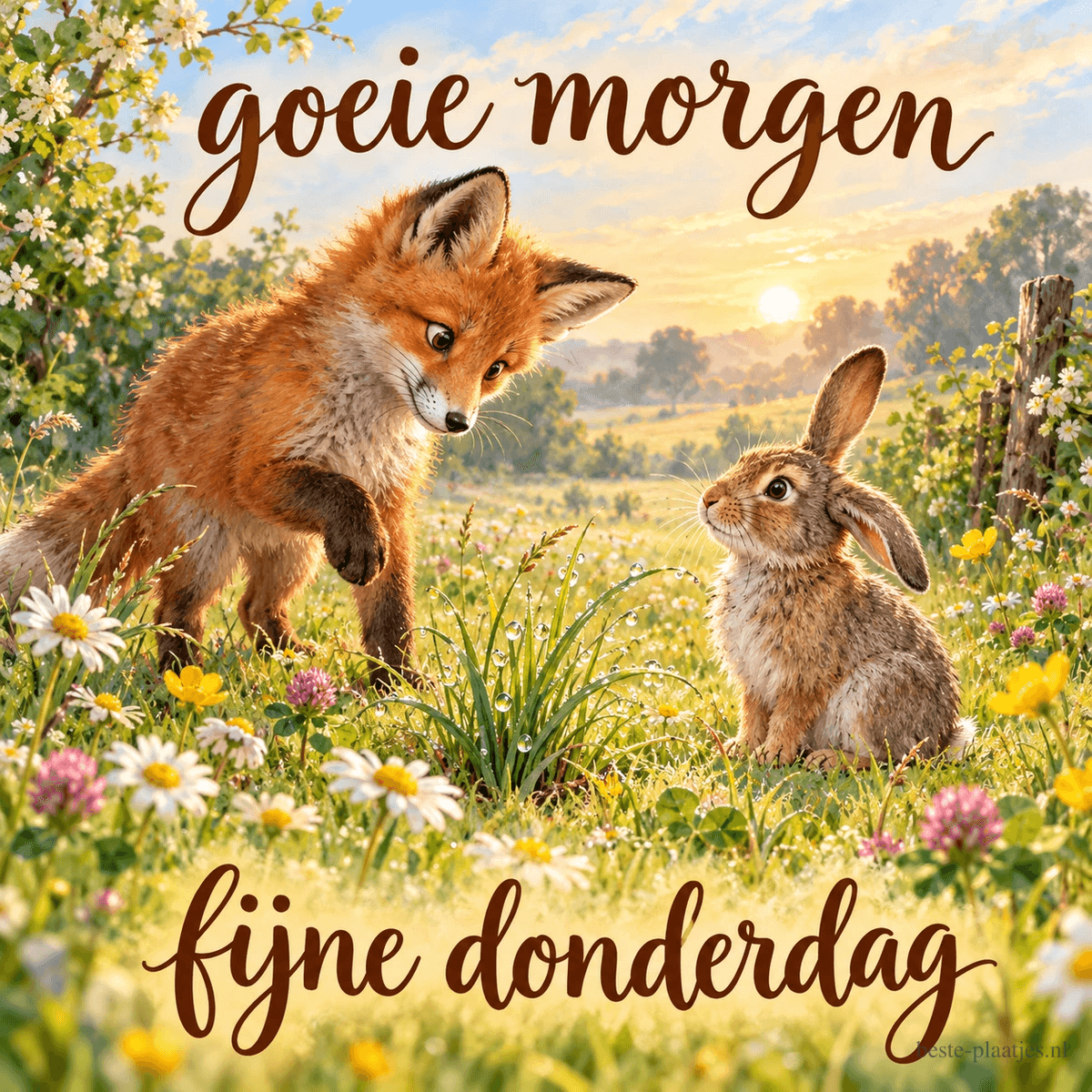 Een jonge vos kijkt naar een konijn tussen veldbloemen en bloesem bij zonsopkomst, met de teksten goeie morgen en fijne donderdag.