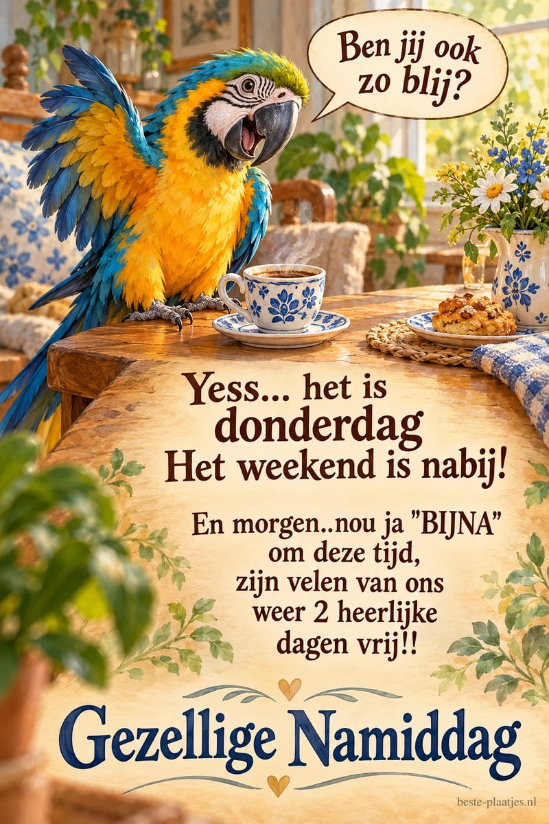 Een blauwgele ara steekt vrolijk een vleugel op aan een tafel met koffie en gebak, bij de teksten Ben jij ook zo blij? en Gezellige Namiddag.