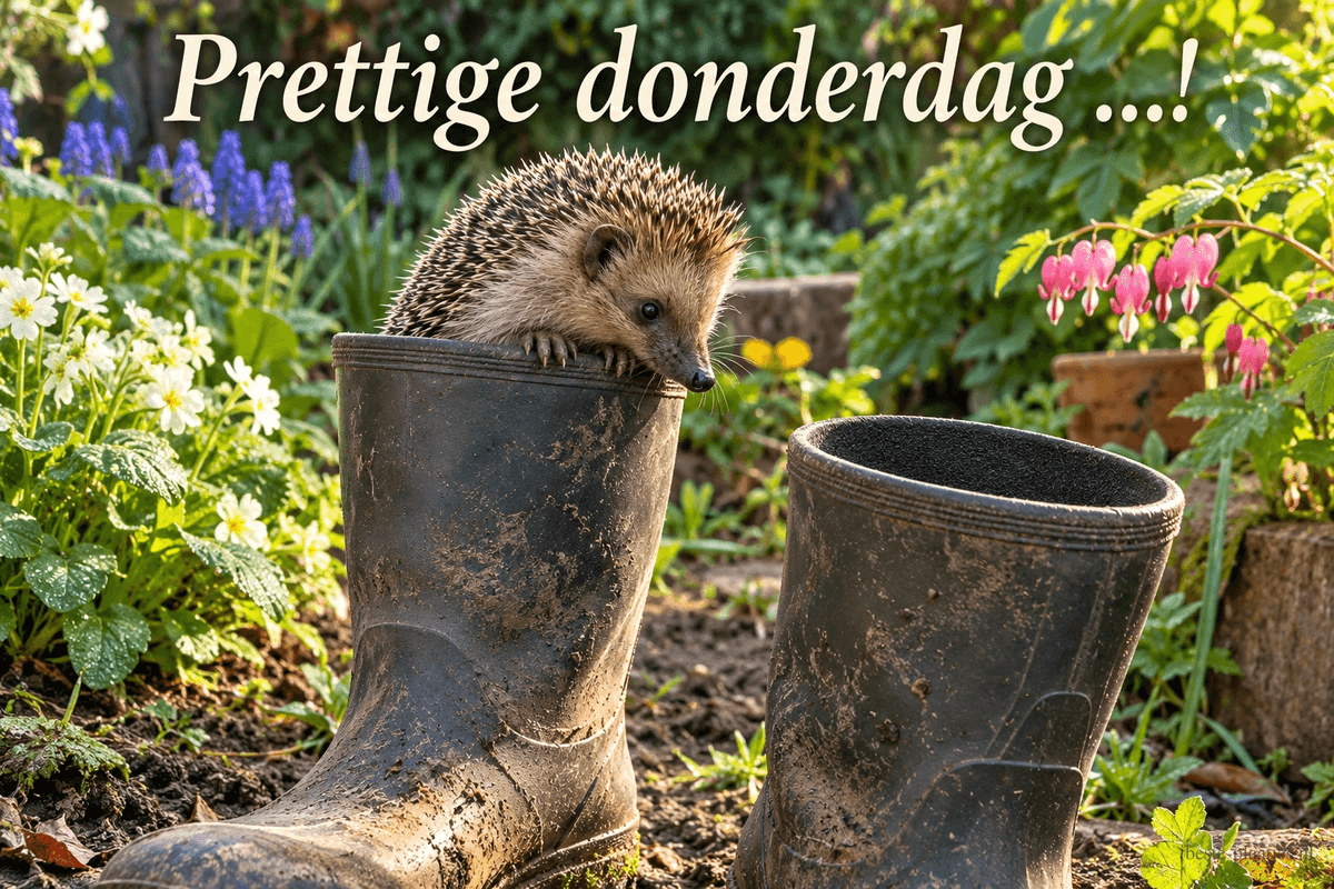 Een egeltje hangt over de rand van een regenlaars tussen bloeiende planten in de lente, onder de tekst Prettige donderdag ...!